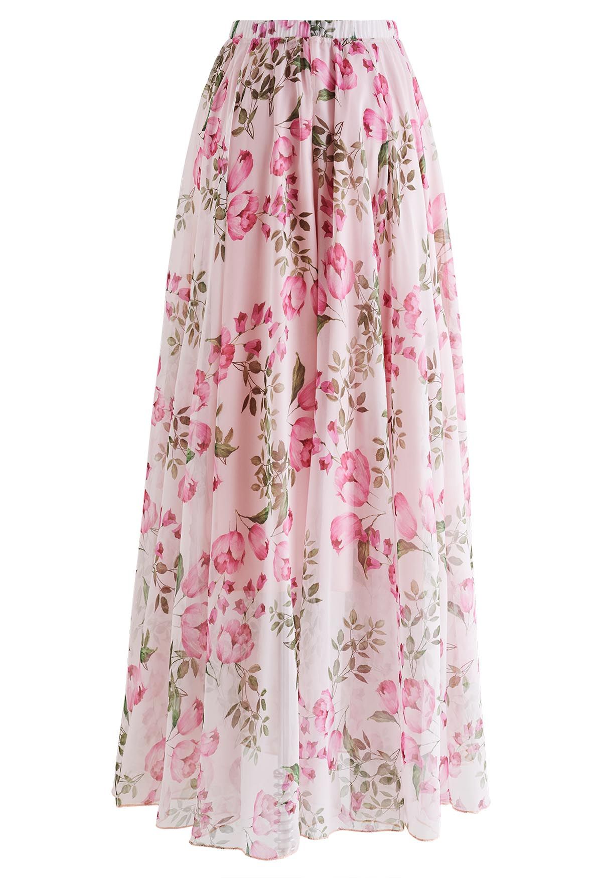 Pink Flower Bud Printed Chiffon Maxi Skirt - Retro, Indie and Unique ...