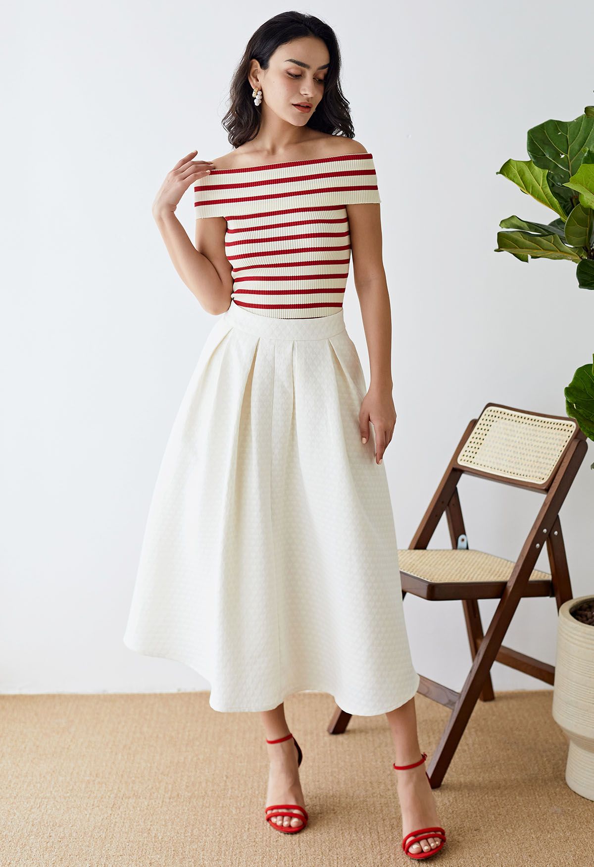 Folded Off-Shoulder Rib Knit Top in Red Stripe - Retro, Indie and ...