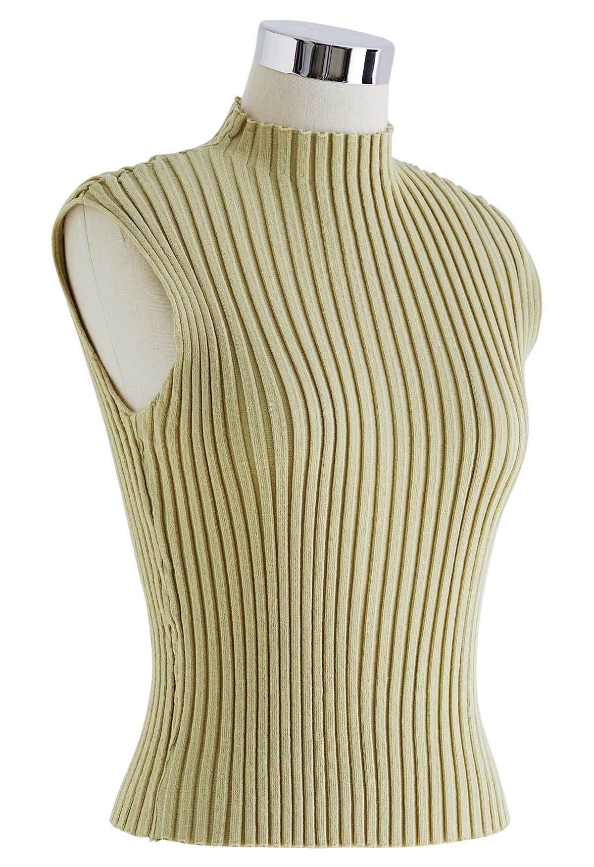 Mock Neck Sleeveless Rib Knit Top in Lime