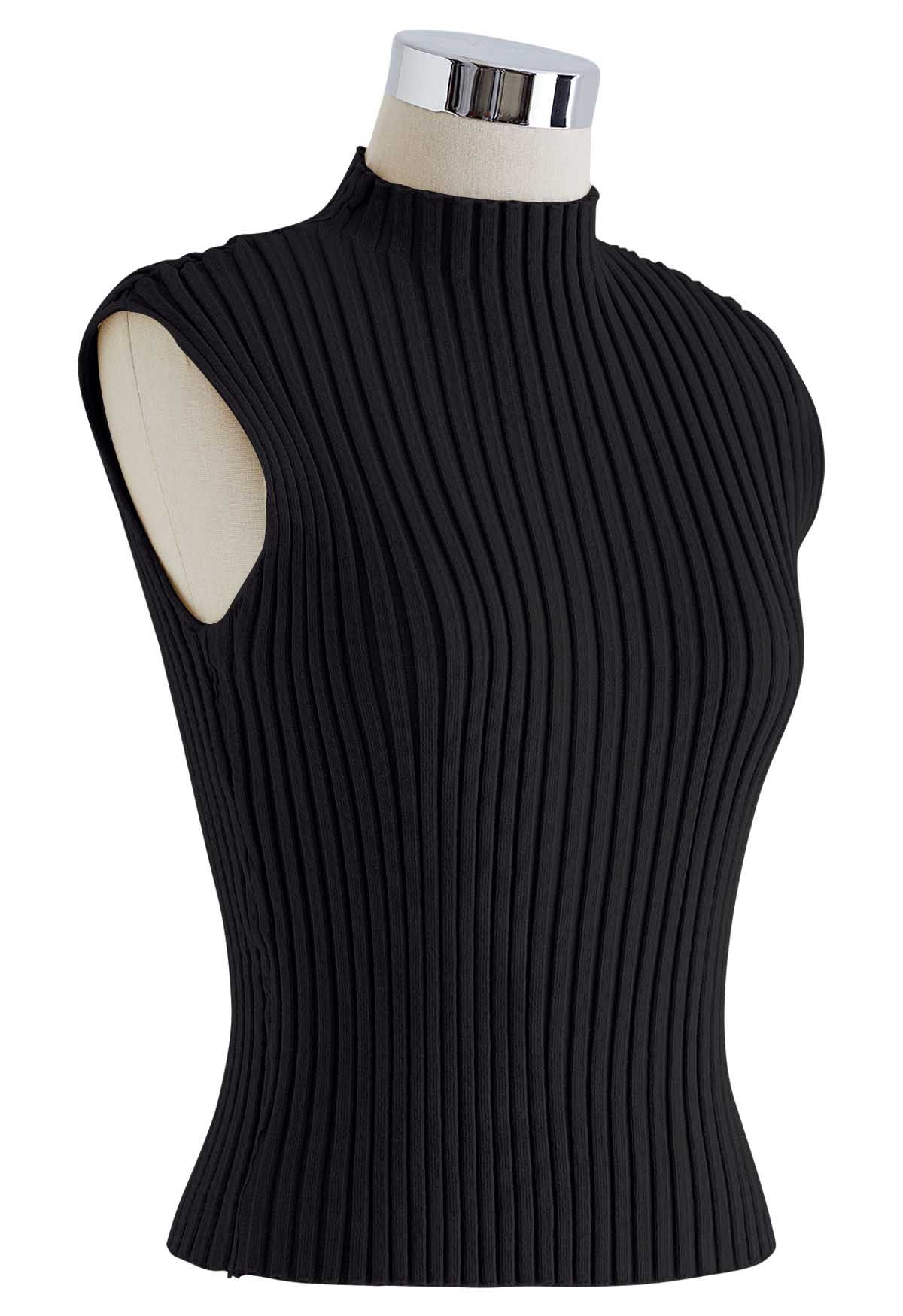 Mock Neck Sleeveless Rib Knit Top in Black - Retro, Indie and Unique ...