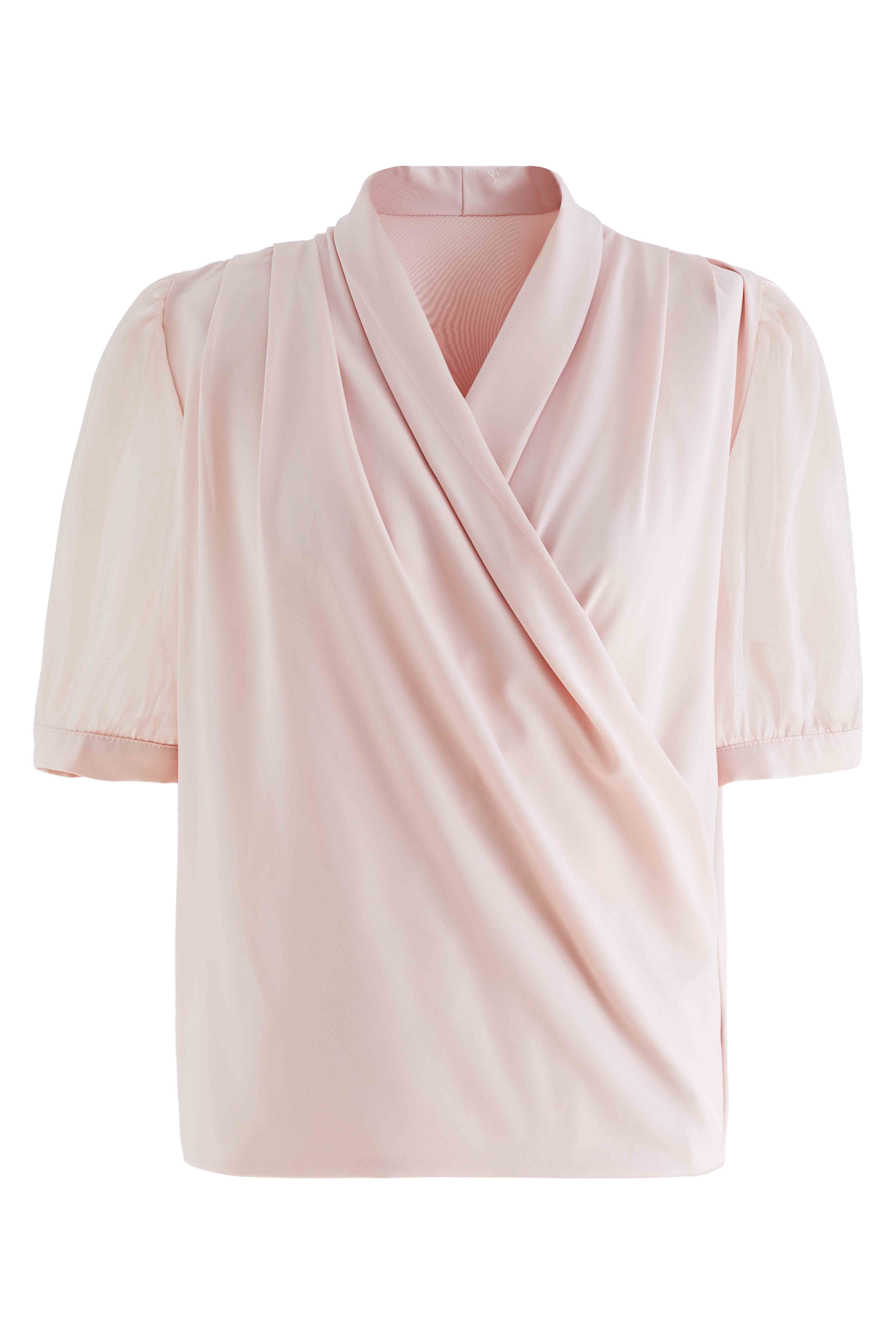 Wrap Front Short-Sleeve Spliced Top in Pink