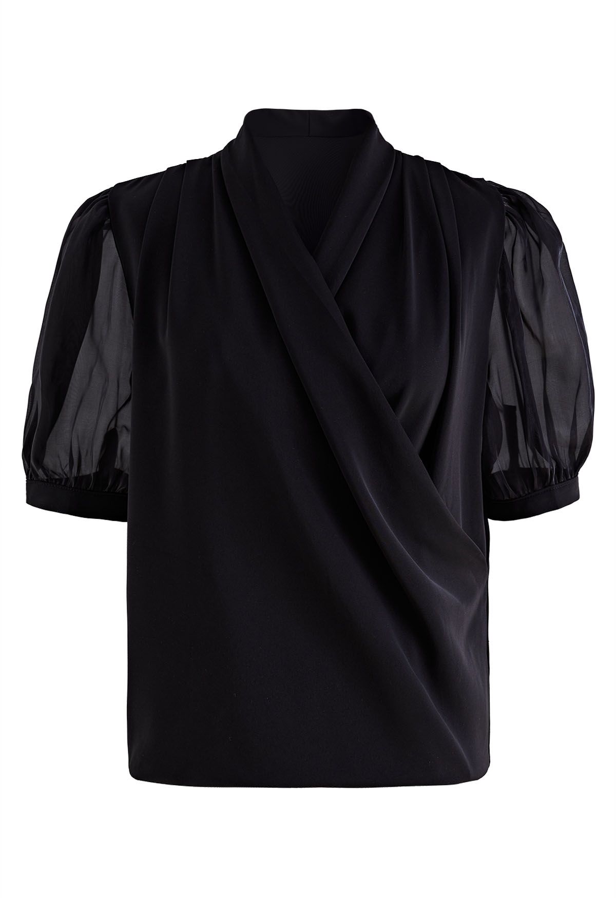 Wrap Front Short-Sleeve Spliced Top in Black