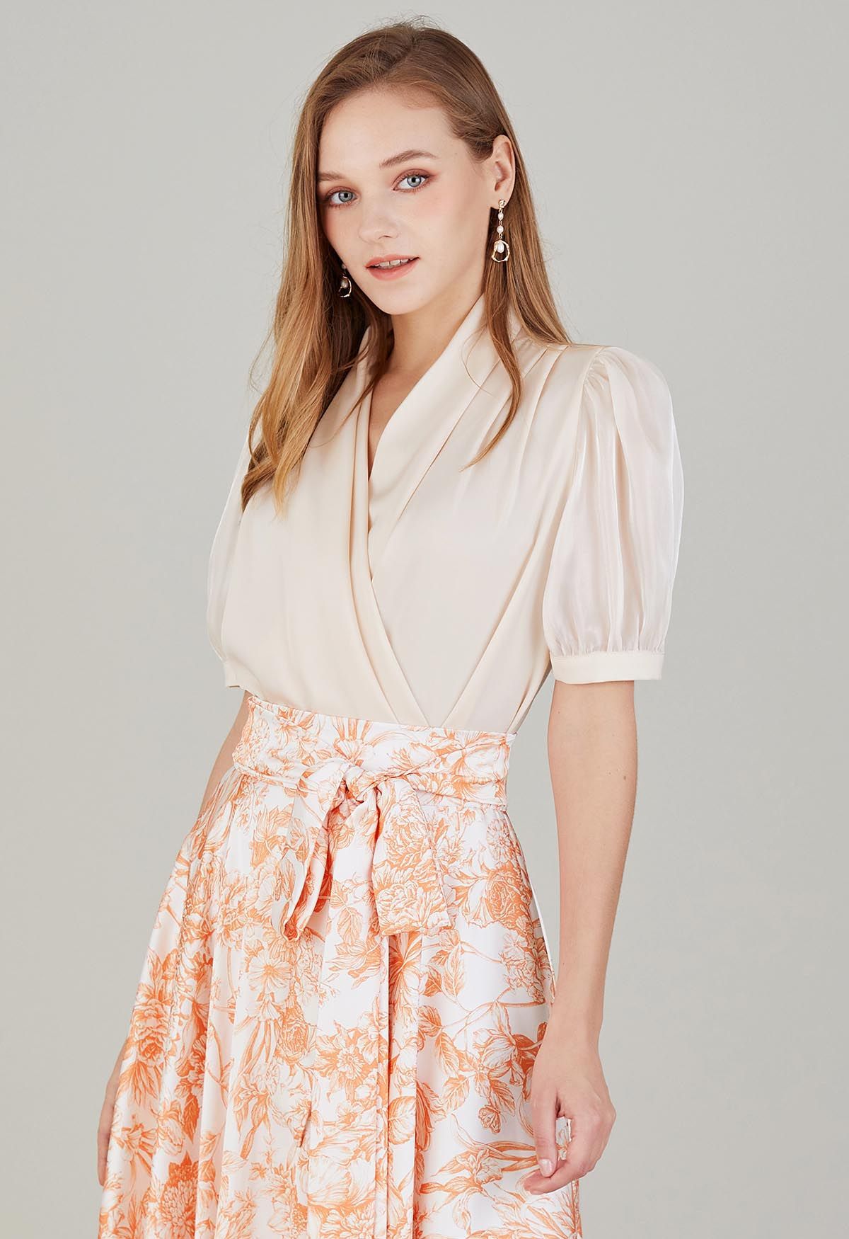 Wrap Front Short-Sleeve Spliced Top in Cream