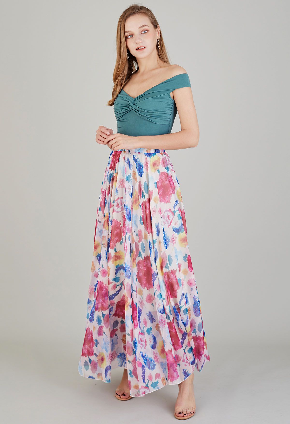 Colorful Blossom Printed Chiffon Maxi Skirt in Pink - Retro, Indie and ...