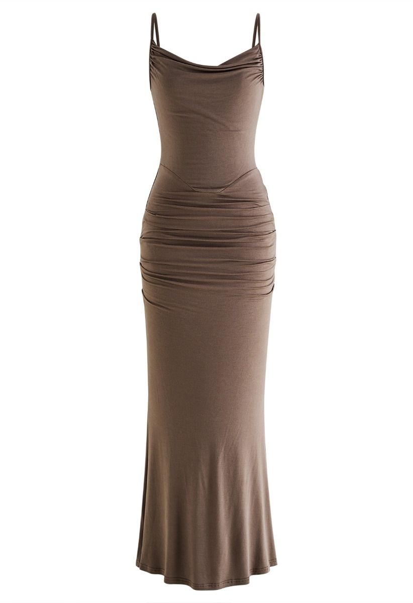 Side Ruched Bodycon Cami Maxi Dress in Brown