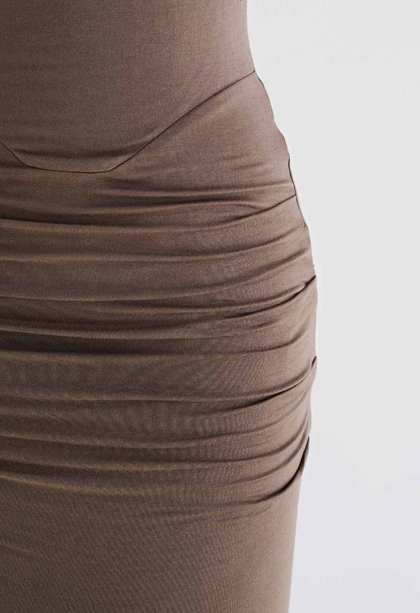 Side Ruched Bodycon Cami Maxi Dress in Brown