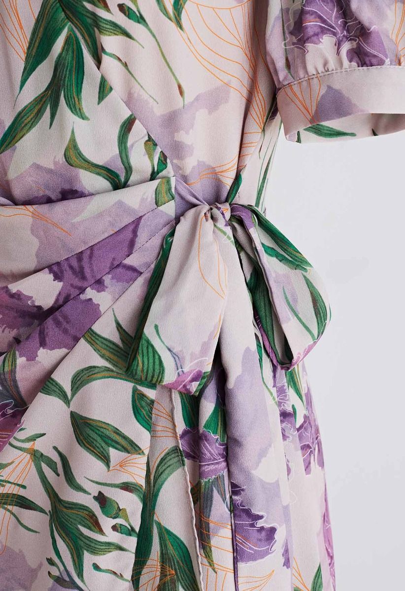 Violet Blossom Chiffon Wrap Midi Dress