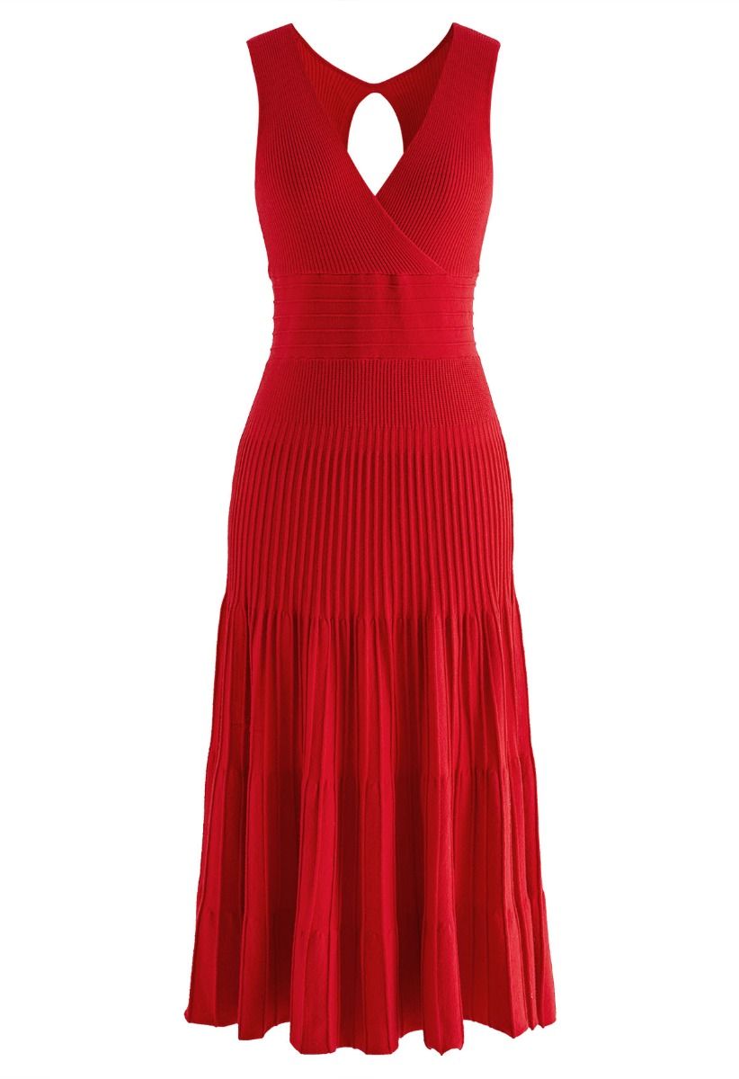 Cut Out Back Faux-Wrap Sleeveless Knitted Midi Dress in Red