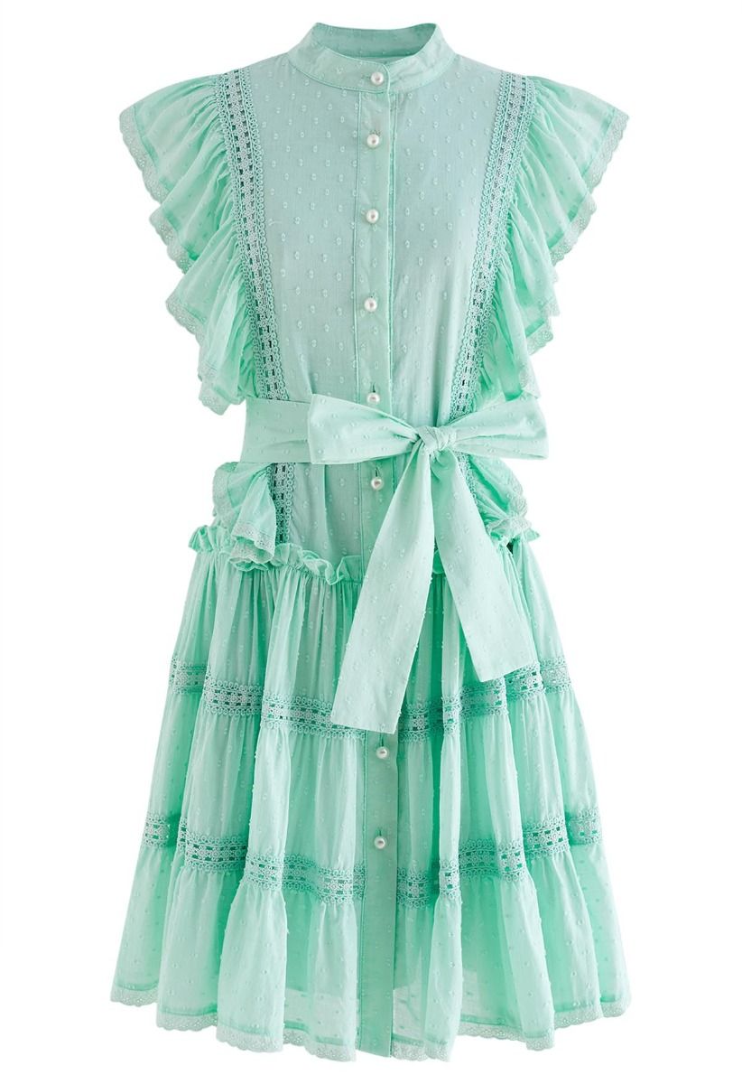 Flock Dot Cutwork Trim Button Down Dress in Mint