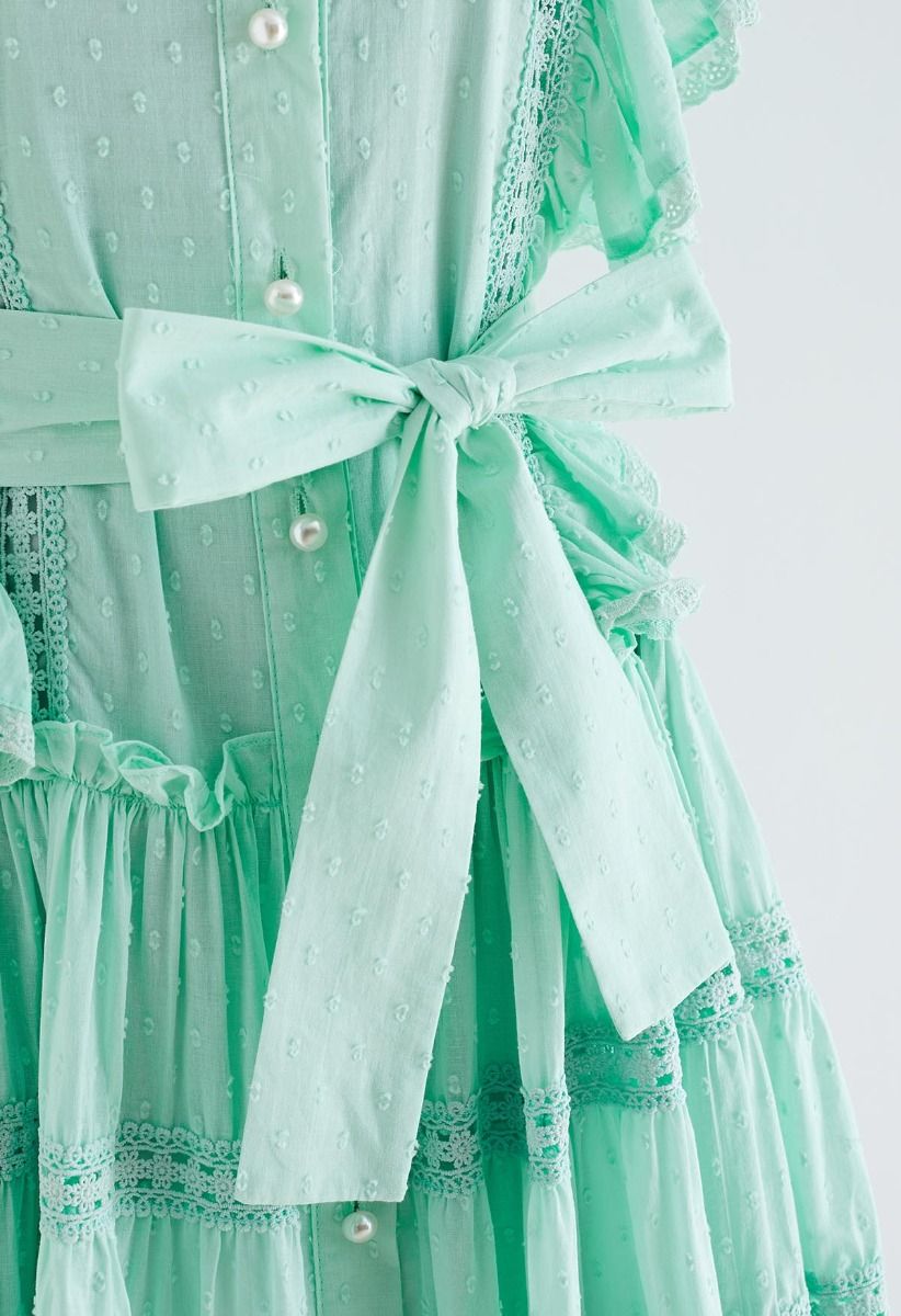 Flock Dot Cutwork Trim Button Down Dress in Mint