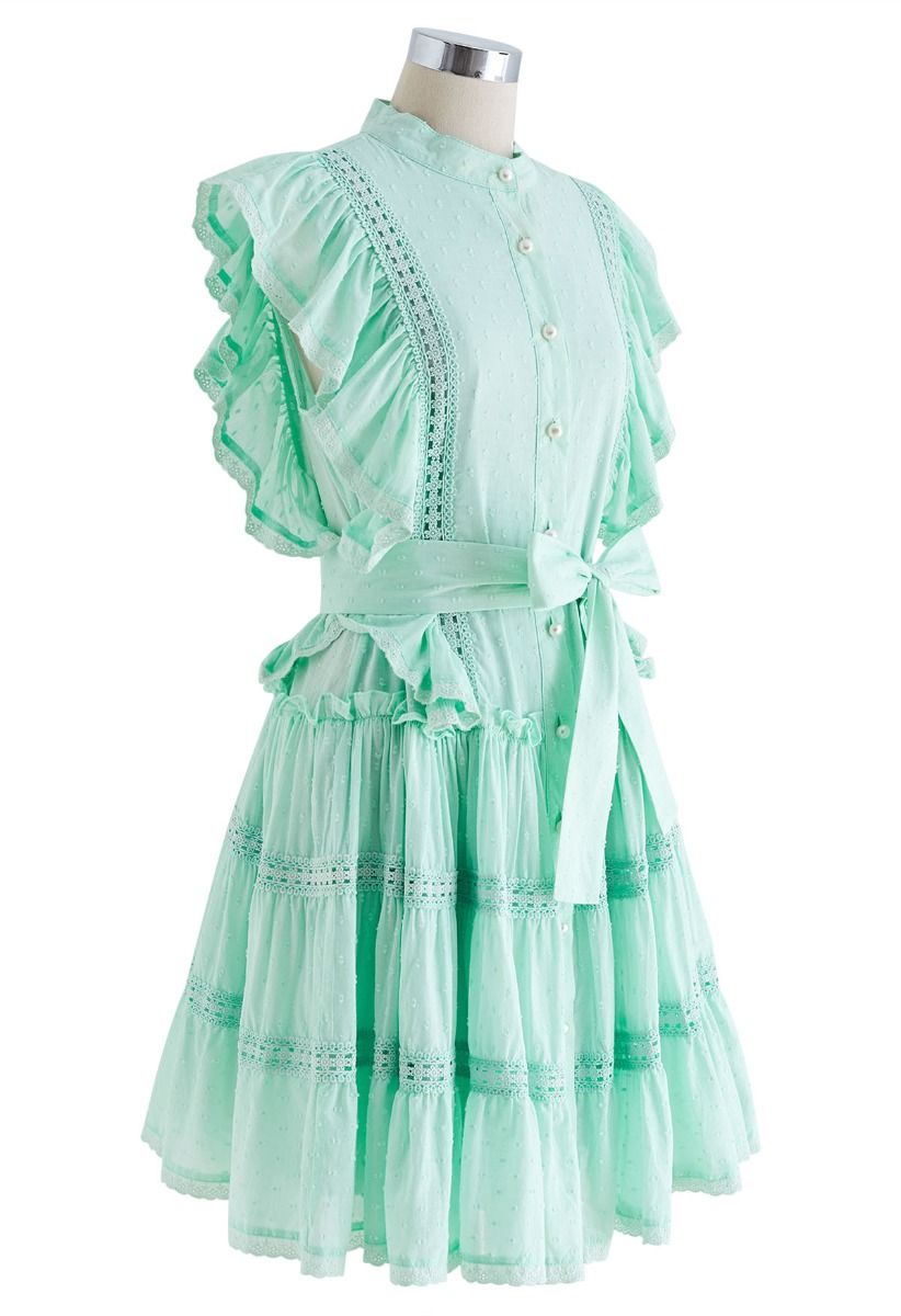 Flock Dot Cutwork Trim Button Down Dress in Mint