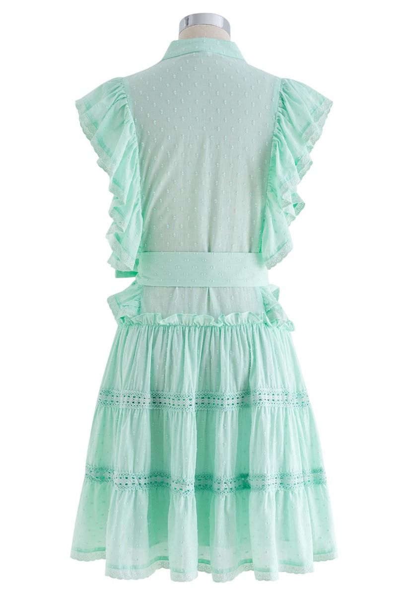 Flock Dot Cutwork Trim Button Down Dress in Mint