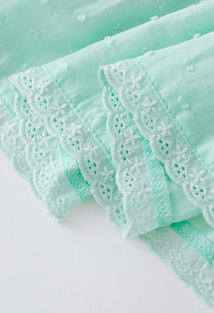 Flock Dot Cutwork Trim Button Down Dress in Mint