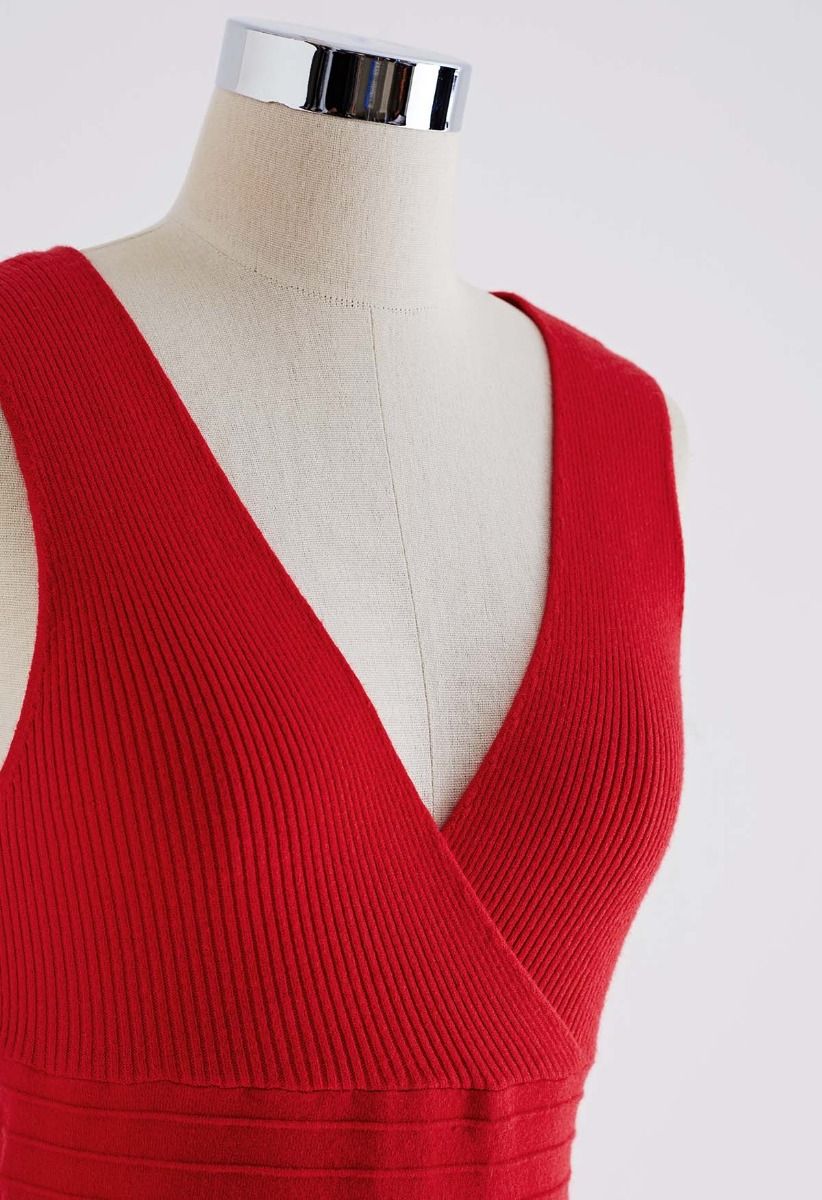 Cut Out Back Faux-Wrap Sleeveless Knitted Midi Dress in Red - Retro, Indie  and Unique Fashion