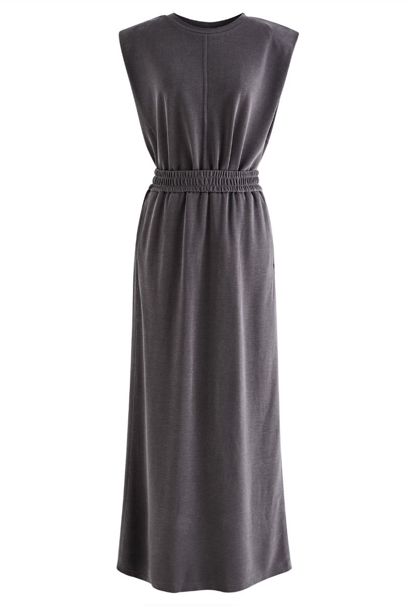 Effortless Pad Shoulder Sleeveless Top and Maxi Skirt Set in Smoke