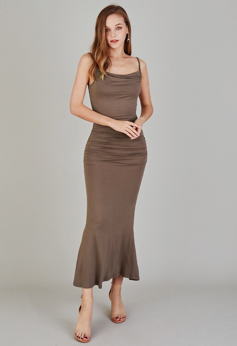 Side Ruched Bodycon Cami Maxi Dress in Brown