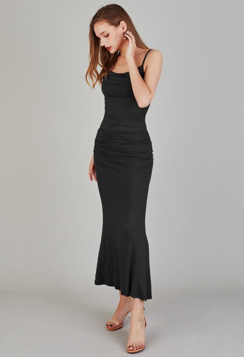 Side Ruched Bodycon Cami Maxi Dress in Black