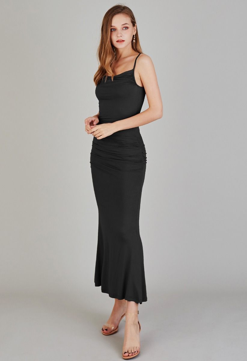 Side Ruched Bodycon Cami Maxi Dress in Black