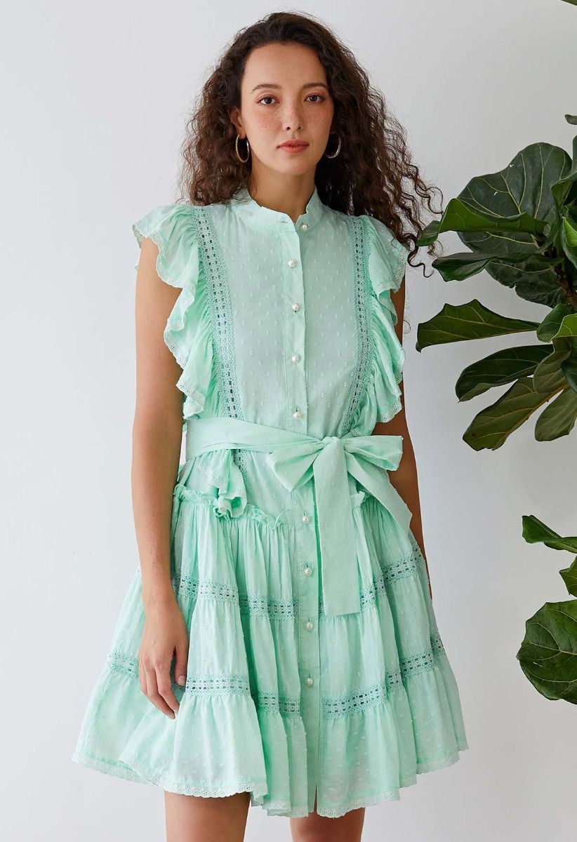 Flock Dot Cutwork Trim Button Down Dress in Mint