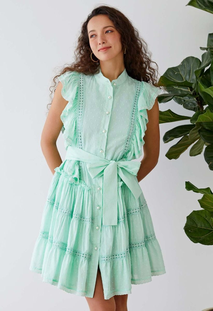 Flock Dot Cutwork Trim Button Down Dress in Mint