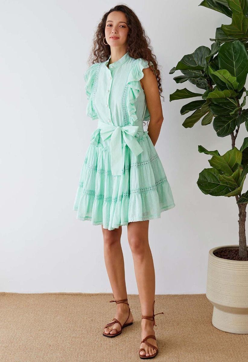 Flock Dot Cutwork Trim Button Down Dress in Mint