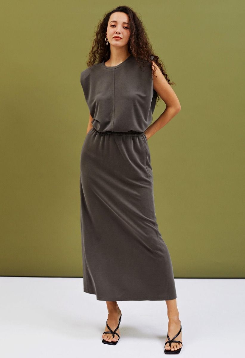 Effortless Pad Shoulder Sleeveless Top and Maxi Skirt Set in Smoke