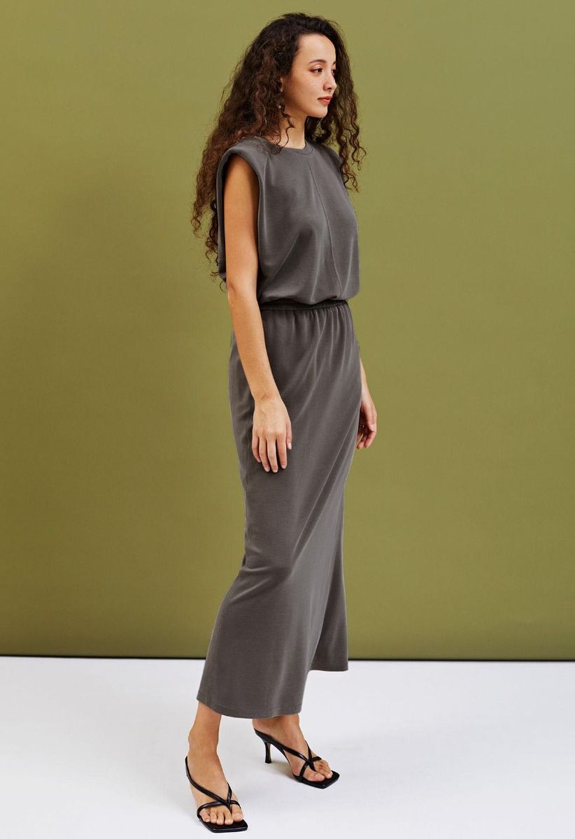 Effortless Pad Shoulder Sleeveless Top and Maxi Skirt Set in Smoke