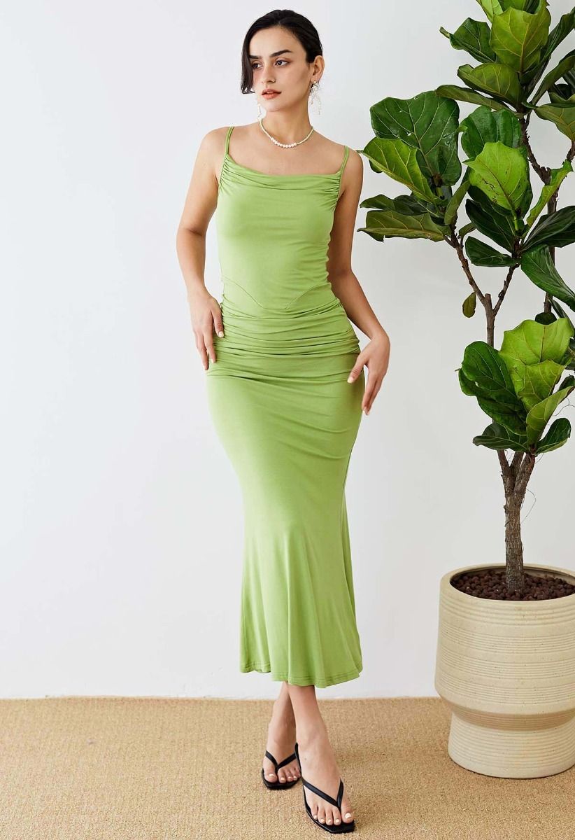 Side Ruched Bodycon Cami Maxi Dress in Lime