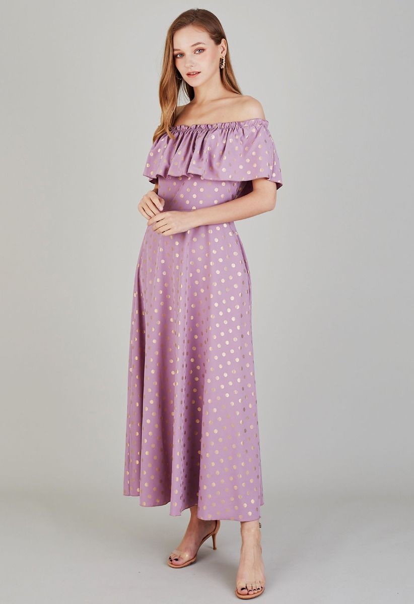 Golden Dotted Ruffled Overlay Off-Shoulder Dress in Lilac