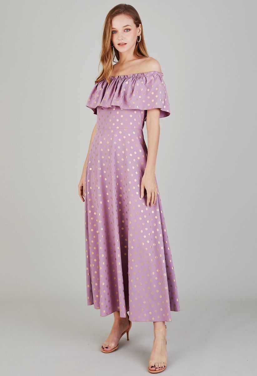 Golden Dotted Ruffled Overlay Off-Shoulder Dress in Lilac