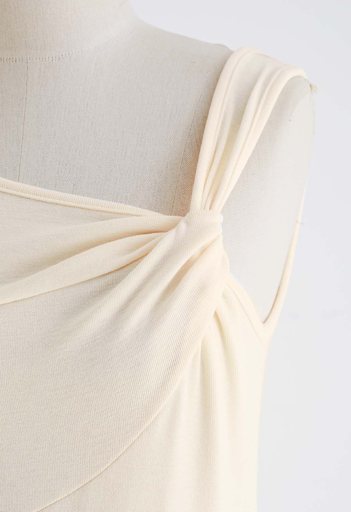 Asymmetric Twist Neckline Sleeveless Top in Cream