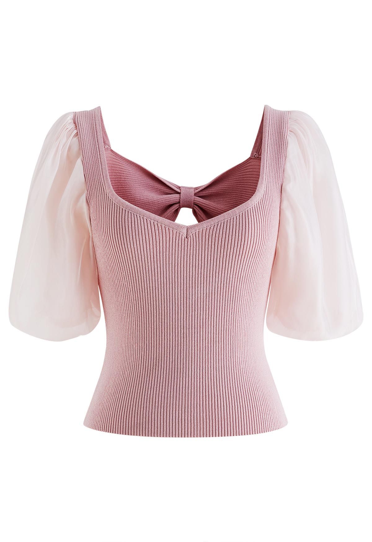 Bowknot Cutout Back Spliced Knit Top in Pink