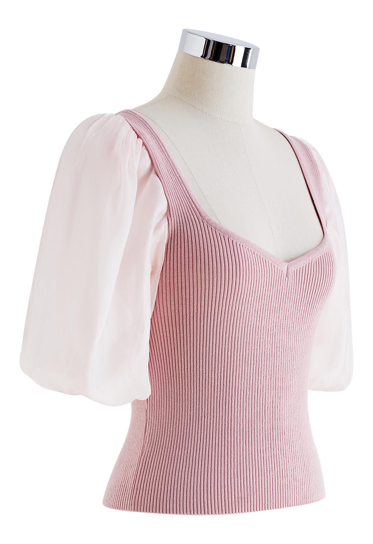 Bowknot Cutout Back Spliced Knit Top in Pink