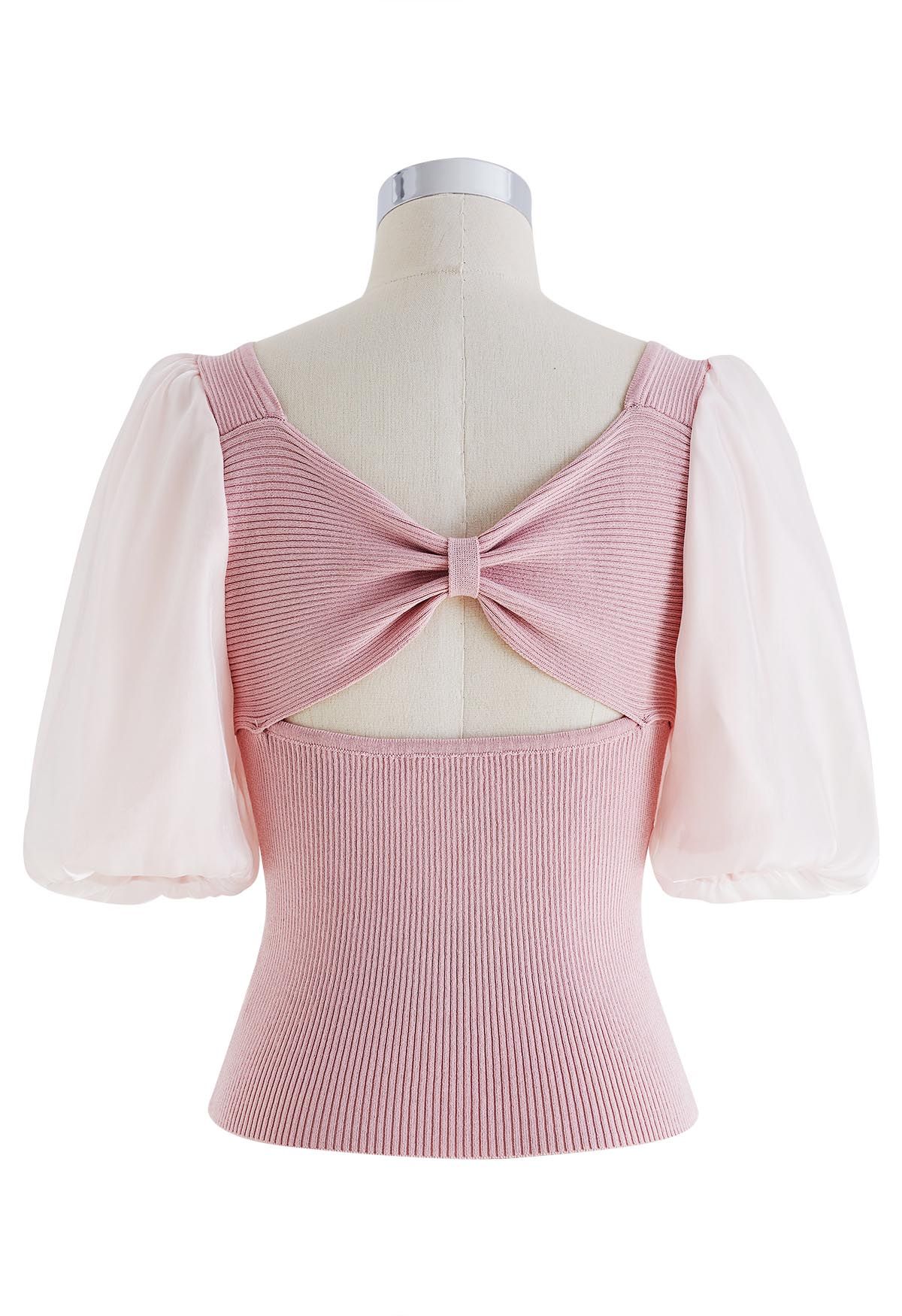 Bowknot Cutout Back Spliced Knit Top in Pink