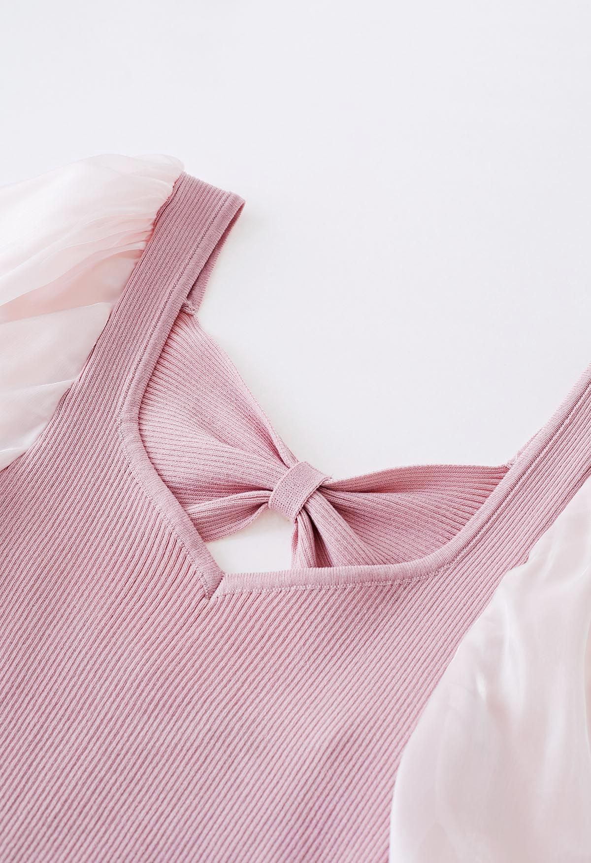 Bowknot Cutout Back Spliced Knit Top in Pink