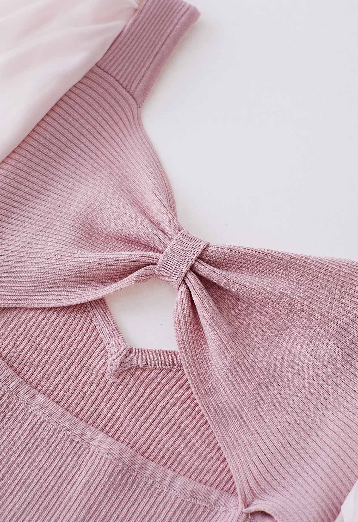 Bowknot Cutout Back Spliced Knit Top in Pink