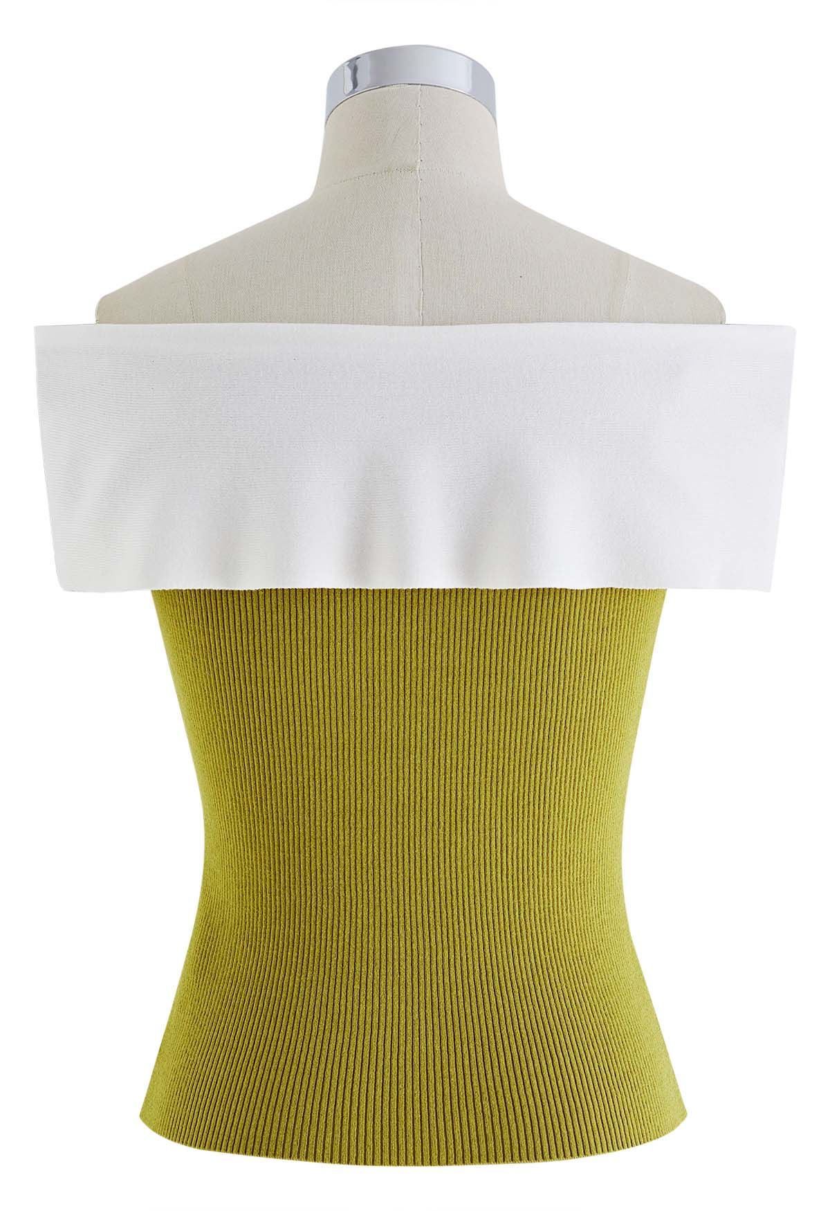 Contrast Knotted Off-Shoulder Knit Top in Moss Green