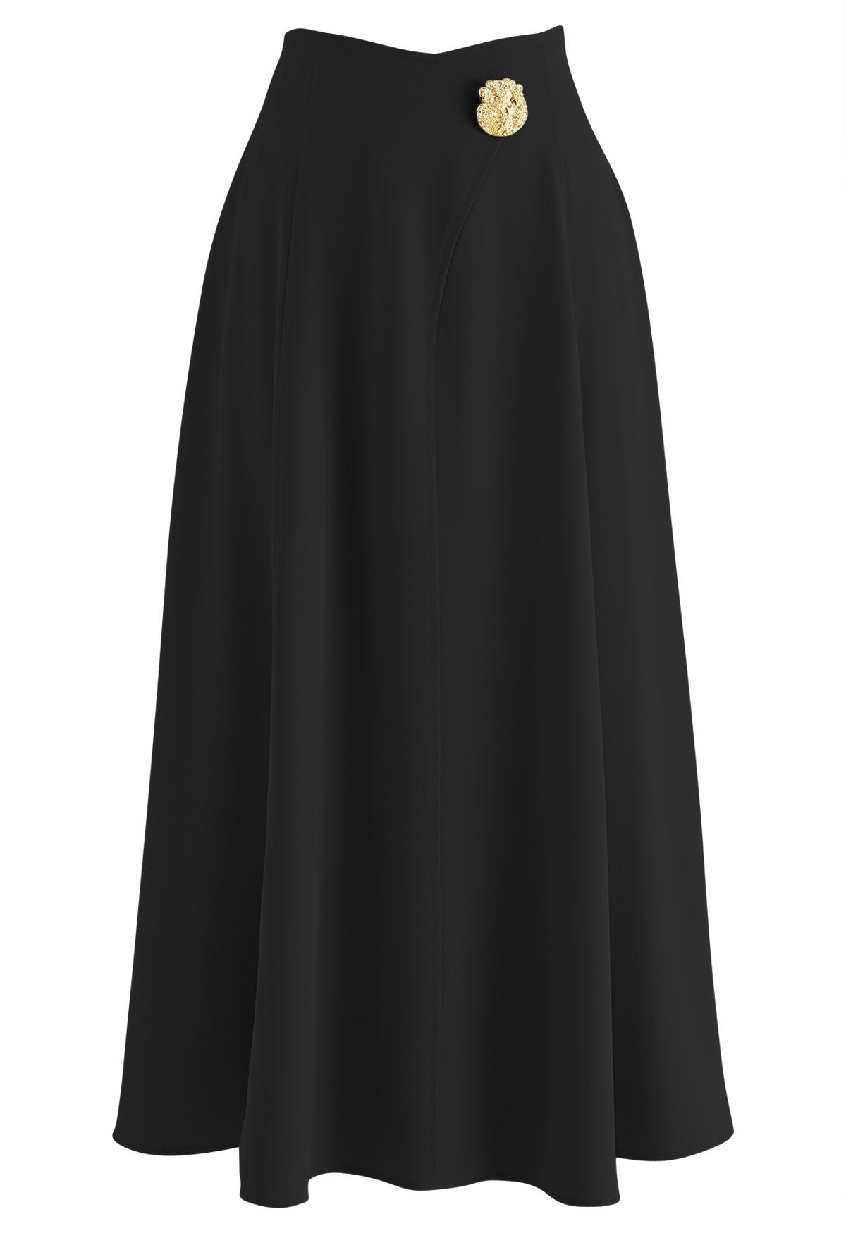 Golden Button Embellished Flare Maxi Skirt in Black