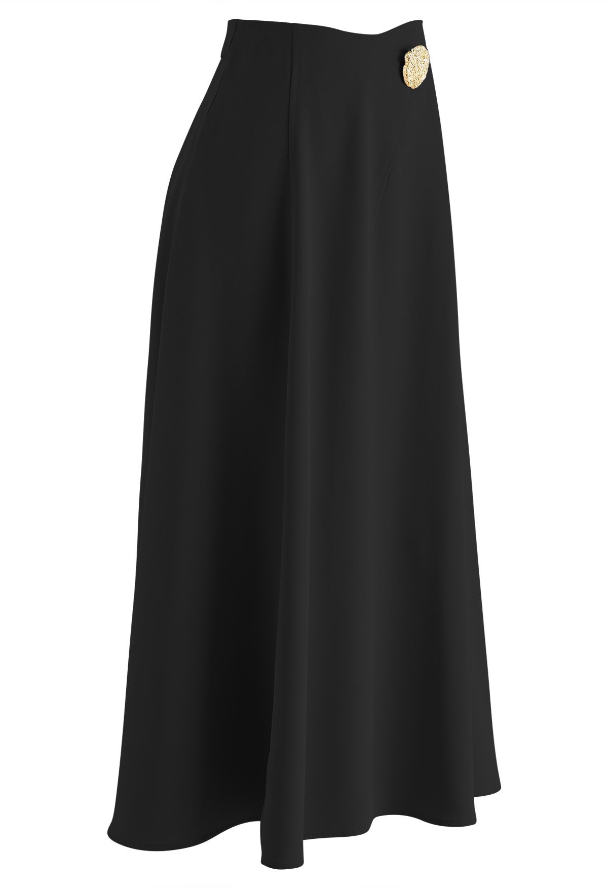 Golden Button Embellished Flare Maxi Skirt in Black