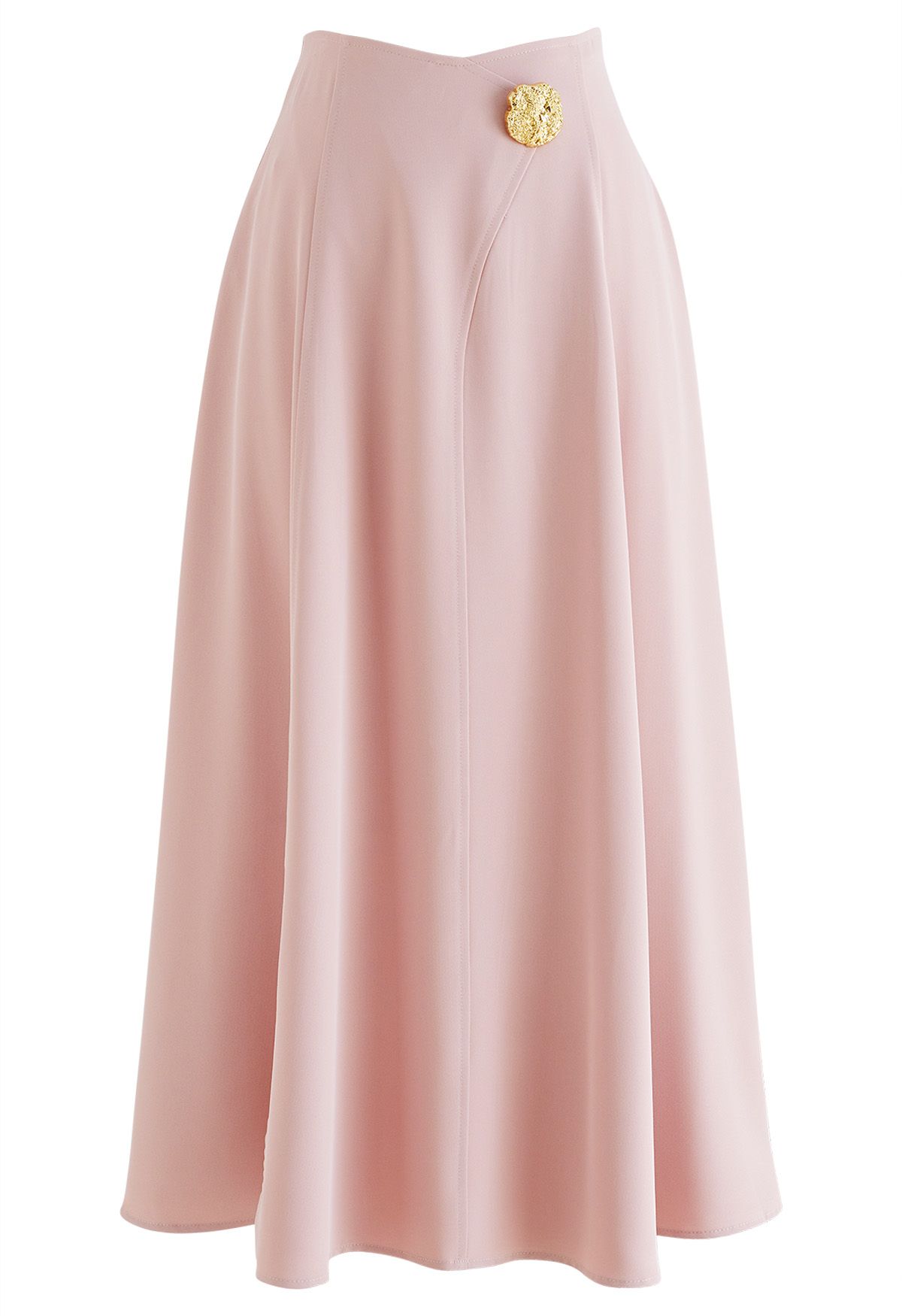 Golden Button Embellished Flare Maxi Skirt in Pink