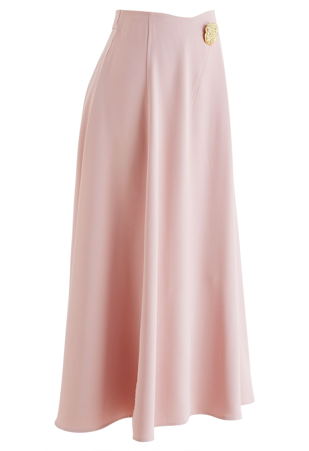 Golden Button Embellished Flare Maxi Skirt in Pink