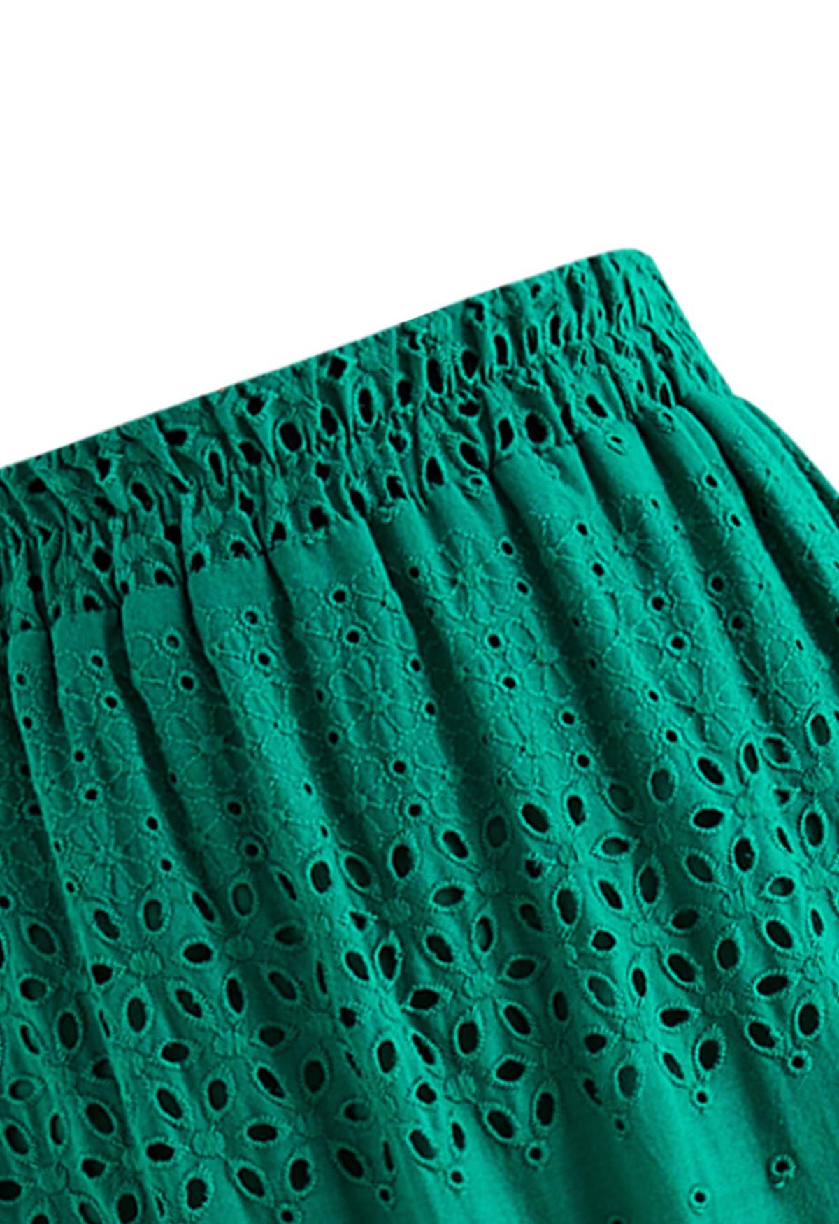 Floret Embroidered Eyelet Cotton Midi Skirt in Green Retro Indie and Unique Fashion