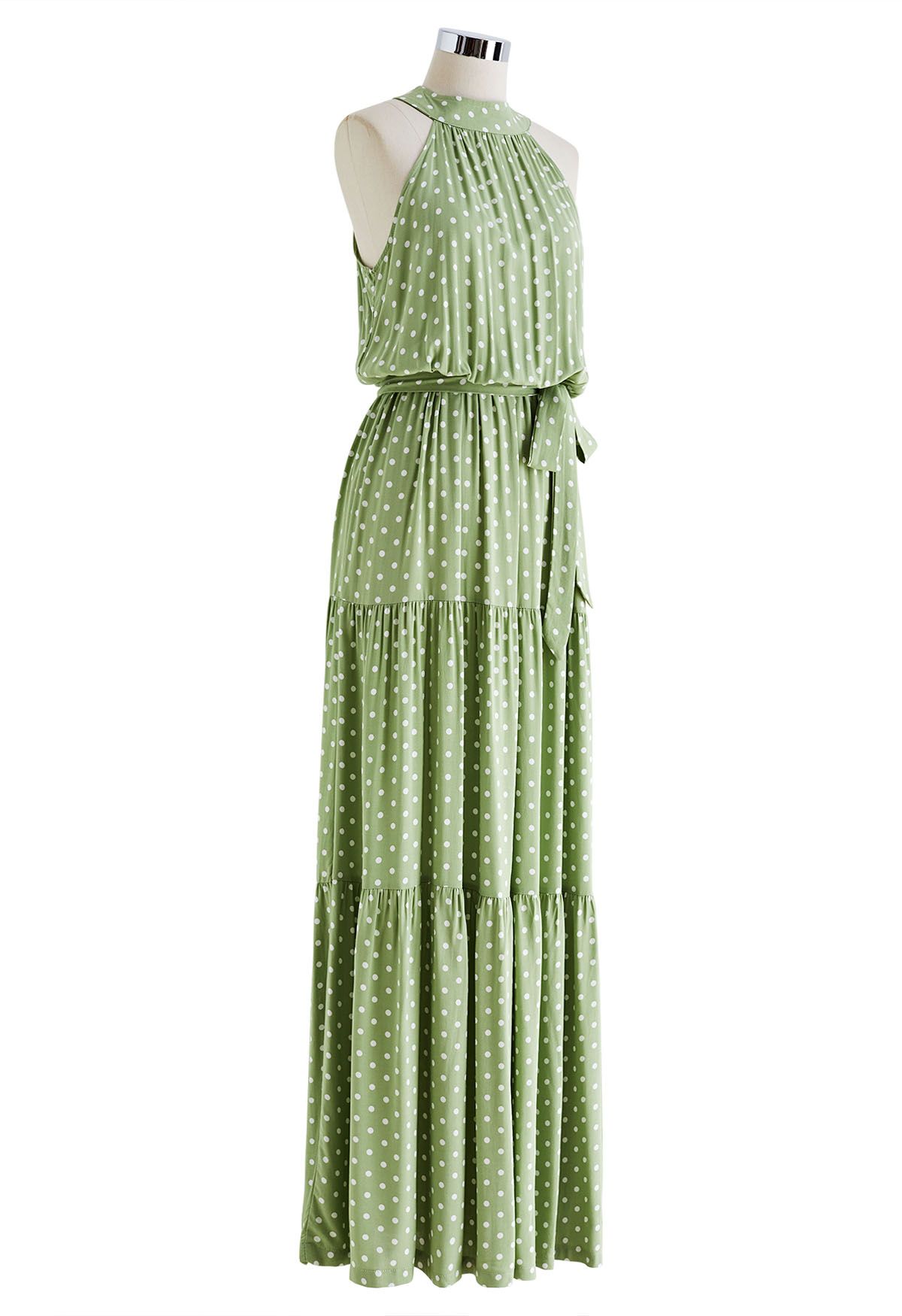 Halter Neck Tie Waist Maxi Dress in Green Dots