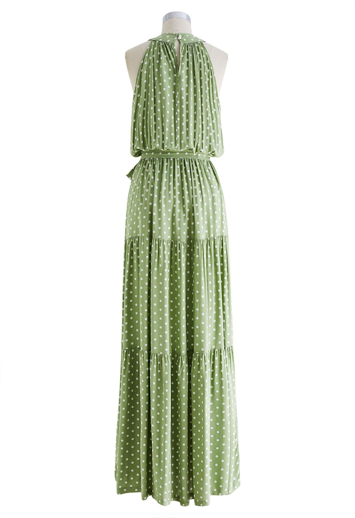 Halter Neck Tie Waist Maxi Dress in Green Dots