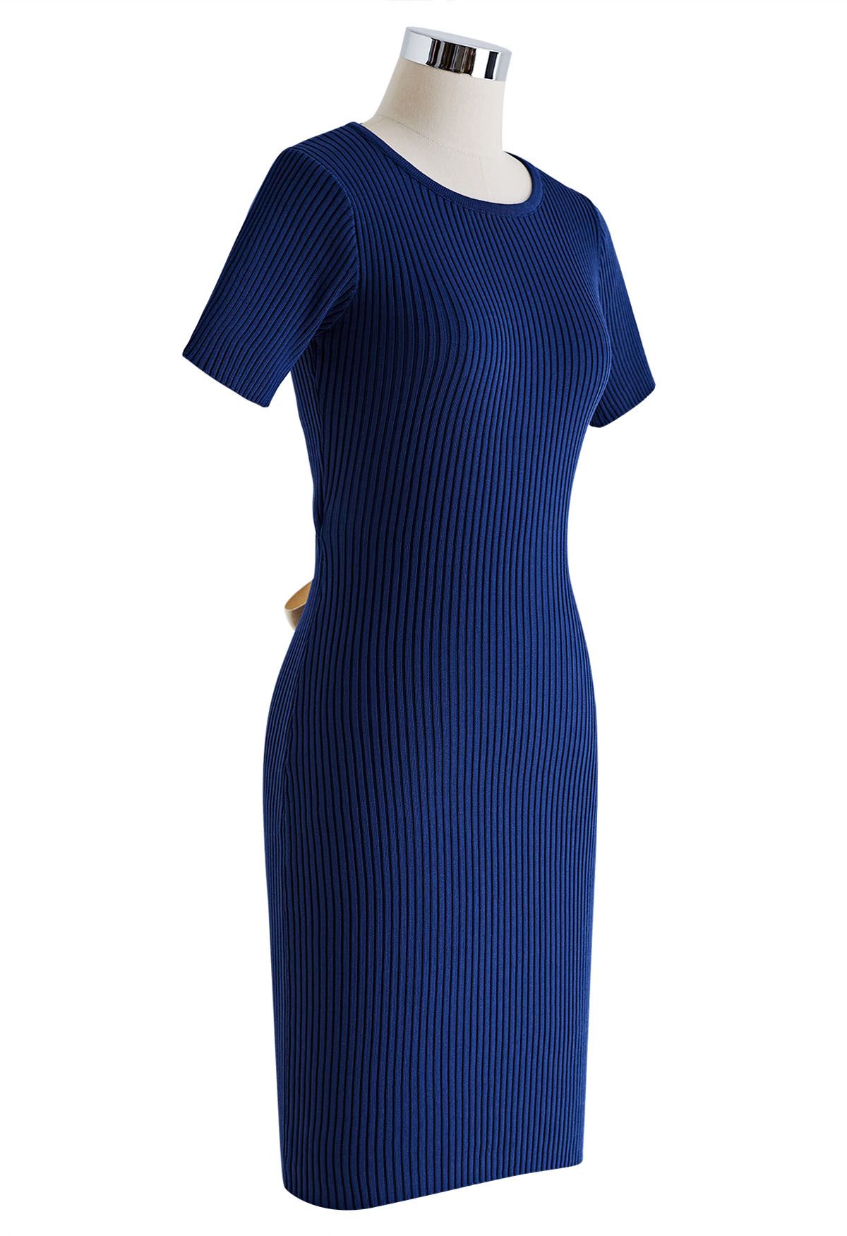 Self-Tie Ribbon Back Cutout Bodycon Dress in Navy