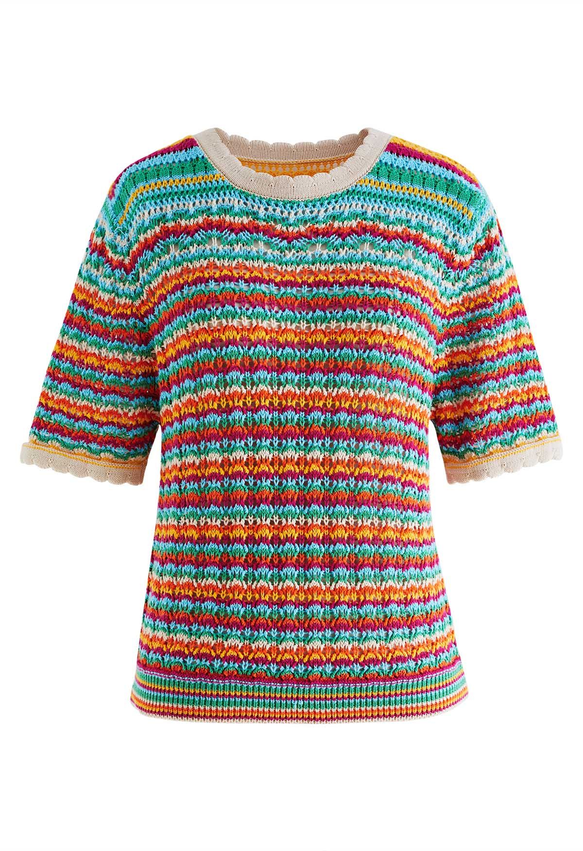 Colorful Stripe Hollow Out Knit Top - Retro, Indie And Unique Fashion