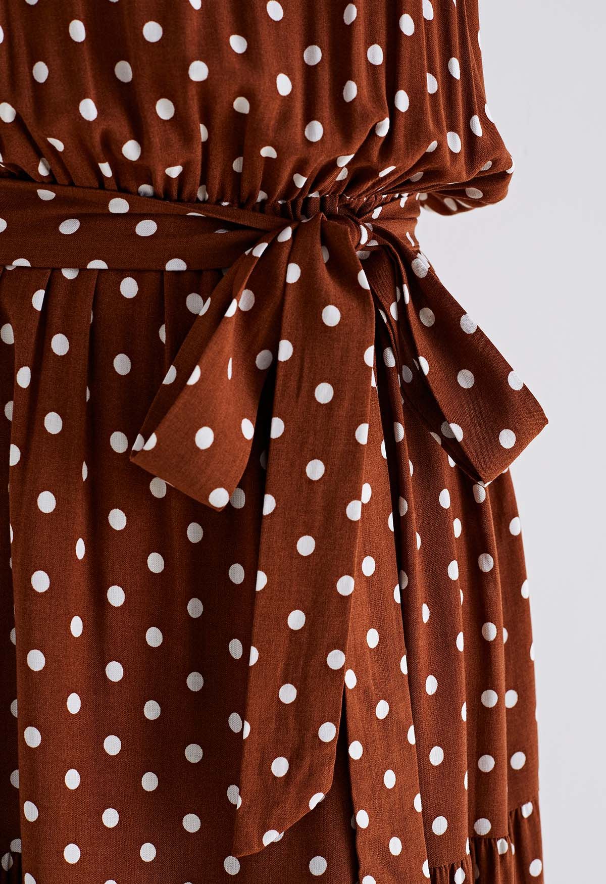 Halter Neck Tie Waist Maxi Dress in Caramel Dots