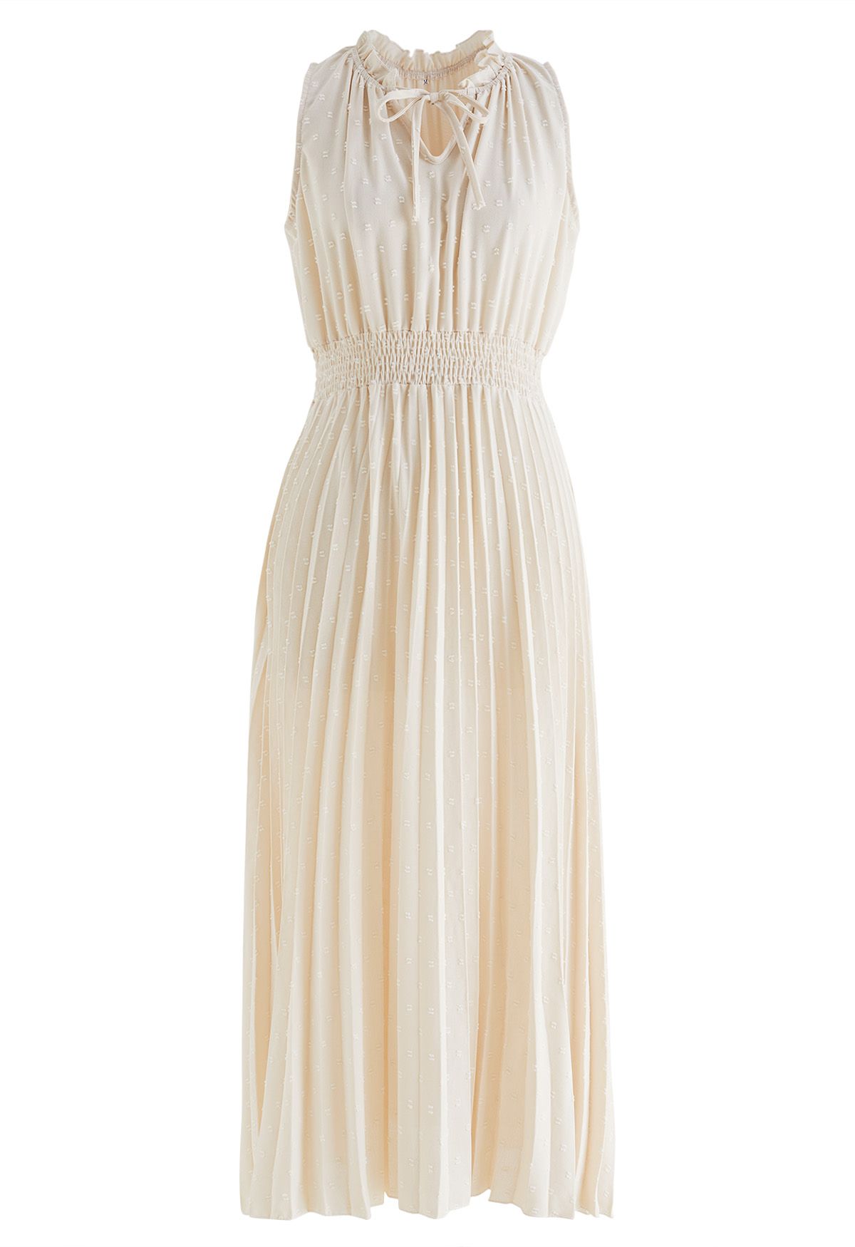 Tie-Neck Flock Dot Pleated Dress in Cream - Retro, Indie and Unique Fashion