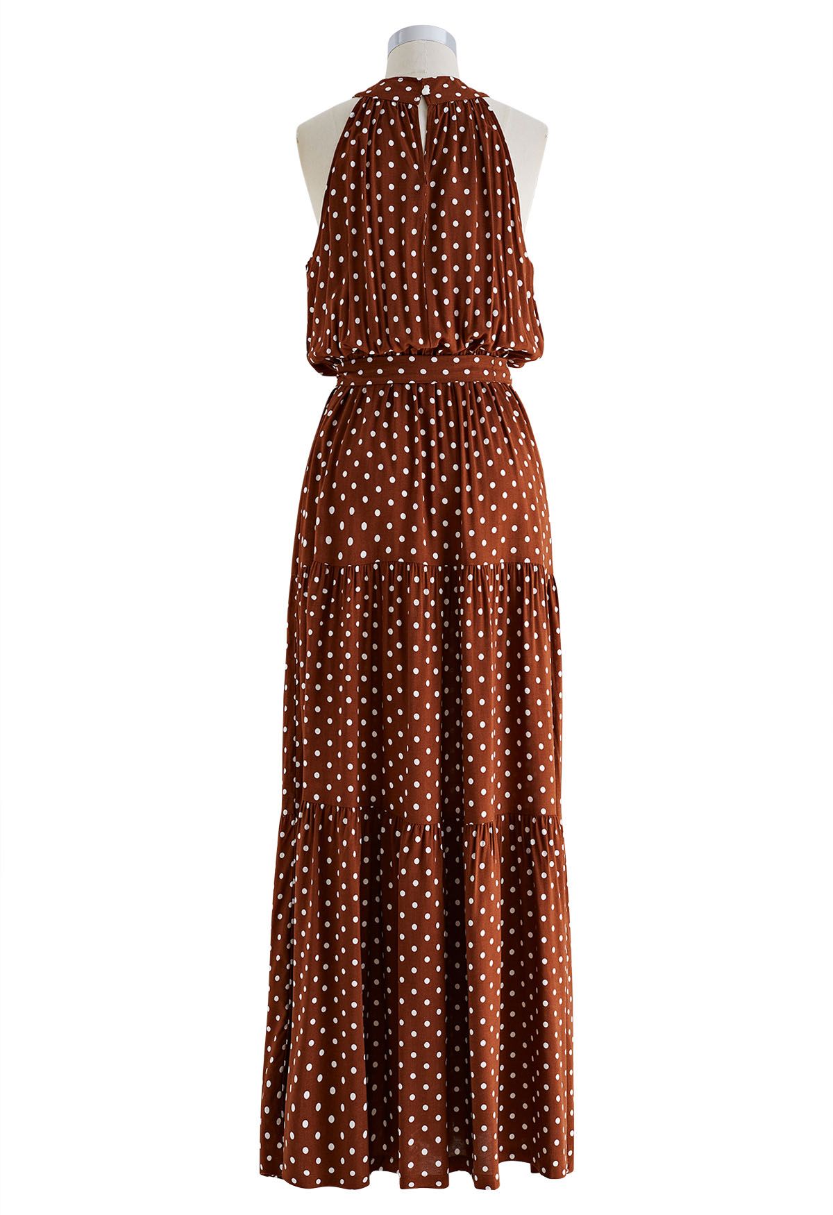 Halter Neck Tie Waist Maxi Dress in Caramel Dots