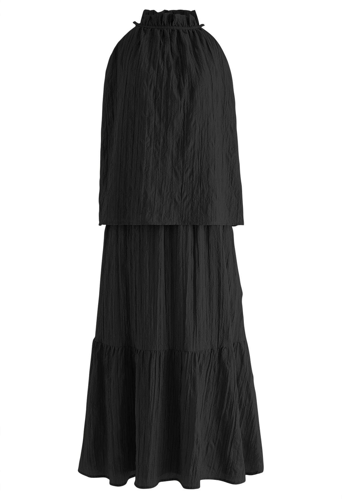 Striped Halter Top and Frilling Maxi Skirt Set in Black